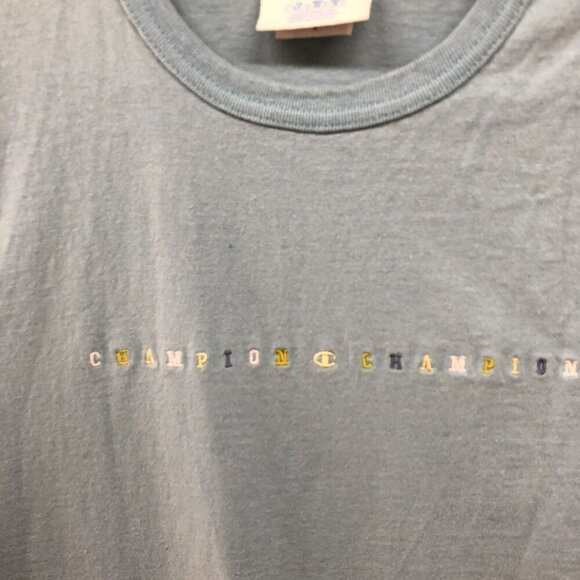 Champion T Shirt Mens Small S Light Blue Embroidered Retro Spellout Athleisure - Picture 3 of 9